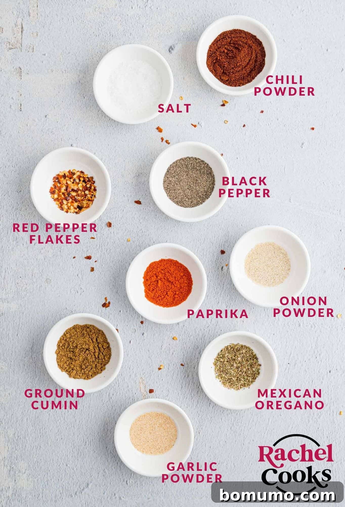 Ingredients needed for taco seasoning, with labels.