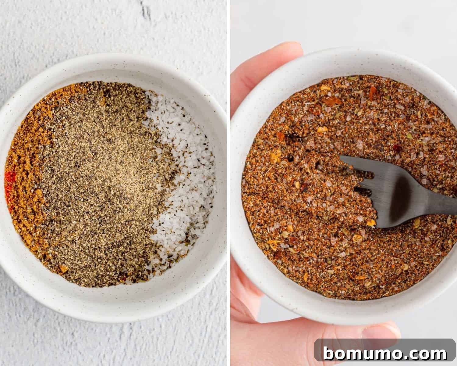 Spice mix before and after being mixed.