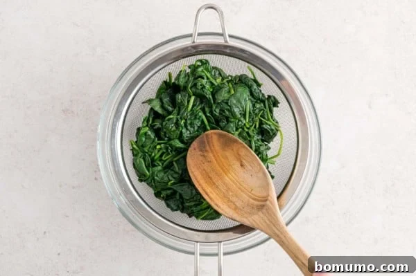 A wooden spoon pressed wilted spinach against a fine mesh strainer to drain the excess liquid.