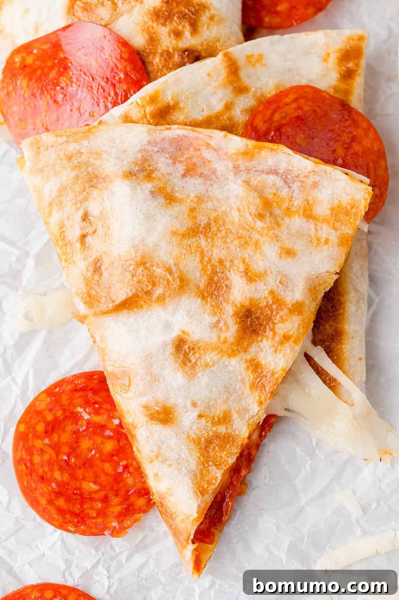 Pizza-Dilla Melt 11 A tempting slice of pizza quesadilla, showing off its melted cheese and pepperoni, with extra pepperoni slices artfully arranged beside it.