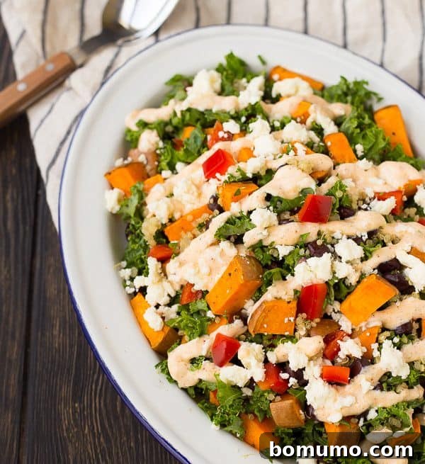 Overhead shot of a single serving of Southwestern Kale Sweet Potato Salad, ready to eat.