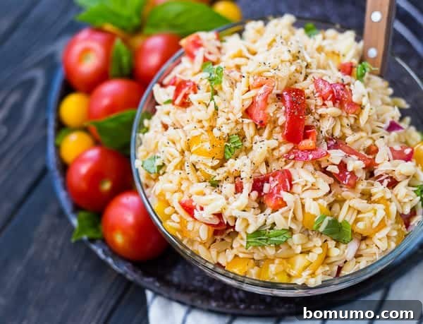 A close-up shot of the fresh orzo salad served in a elegant round bowl, positioned on a decorative plate alongside an assortment of colorful fresh produce.