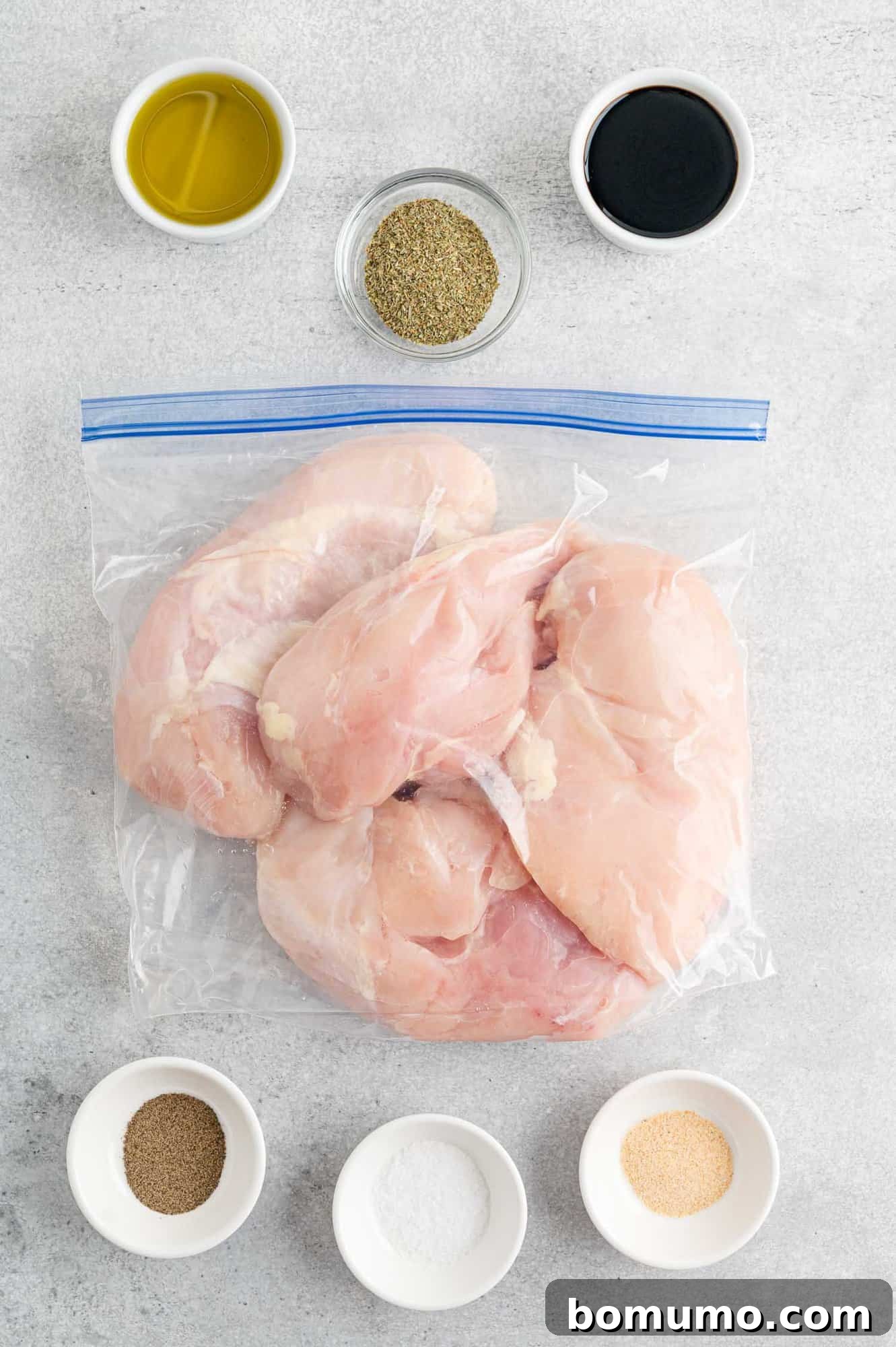 All the essential ingredients neatly laid out for preparing the balsamic chicken marinade recipe.
