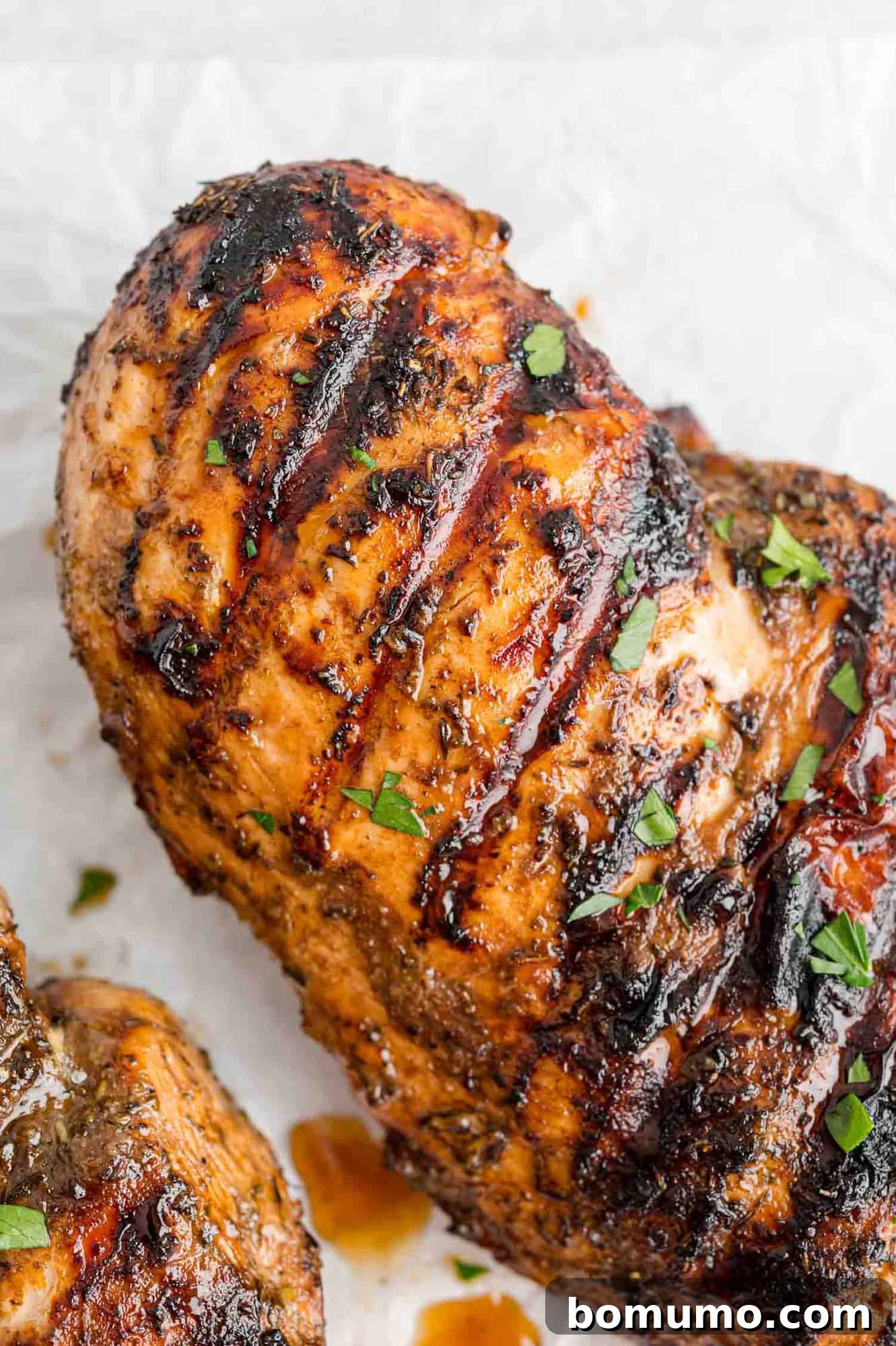 A close-up view of perfectly grilled balsamic chicken, showcasing its tender texture and delicious char.