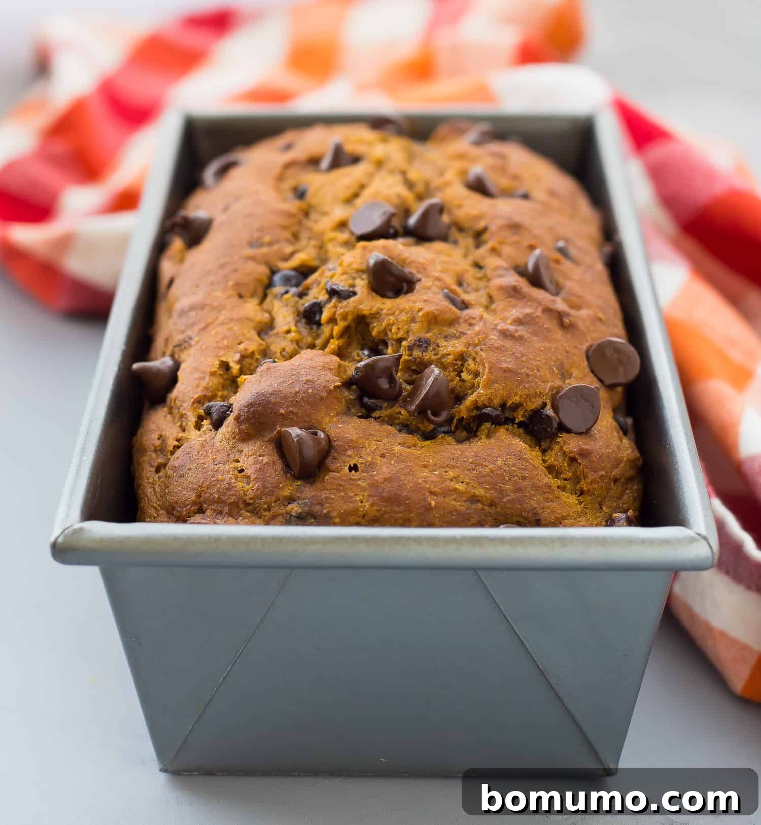 A golden-brown pumpkin chocolate chip bread loaf baking in a metal loaf pan.