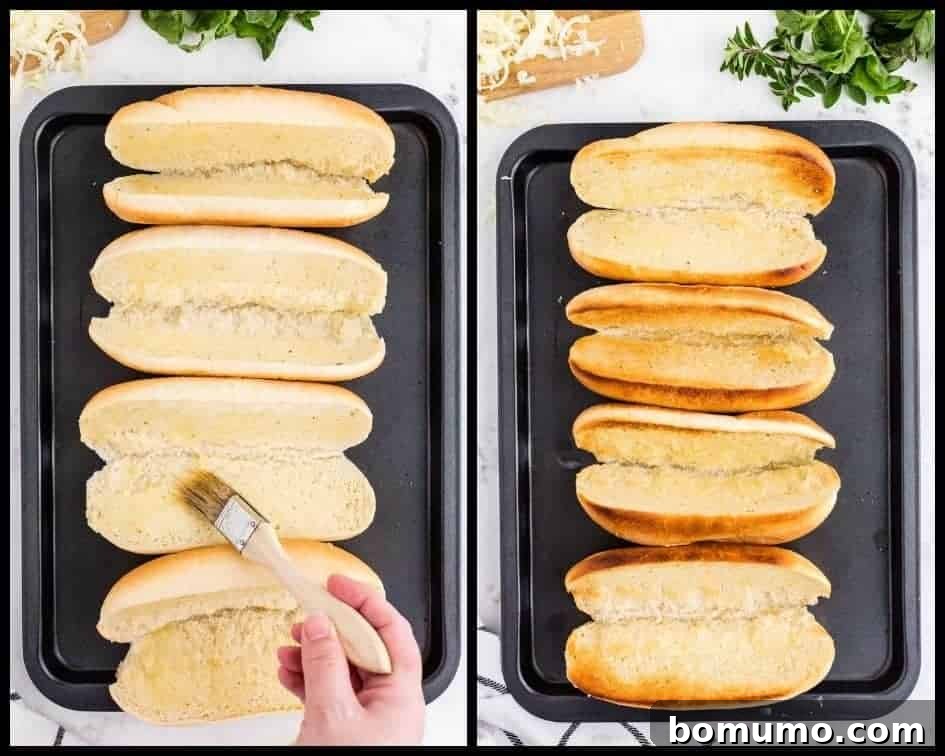 Toasted sub buns, ready to be filled.