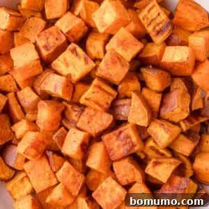 Close-up of roasted sweet potato cubes with a slightly crispy, browned exterior, highlighting their appeal.