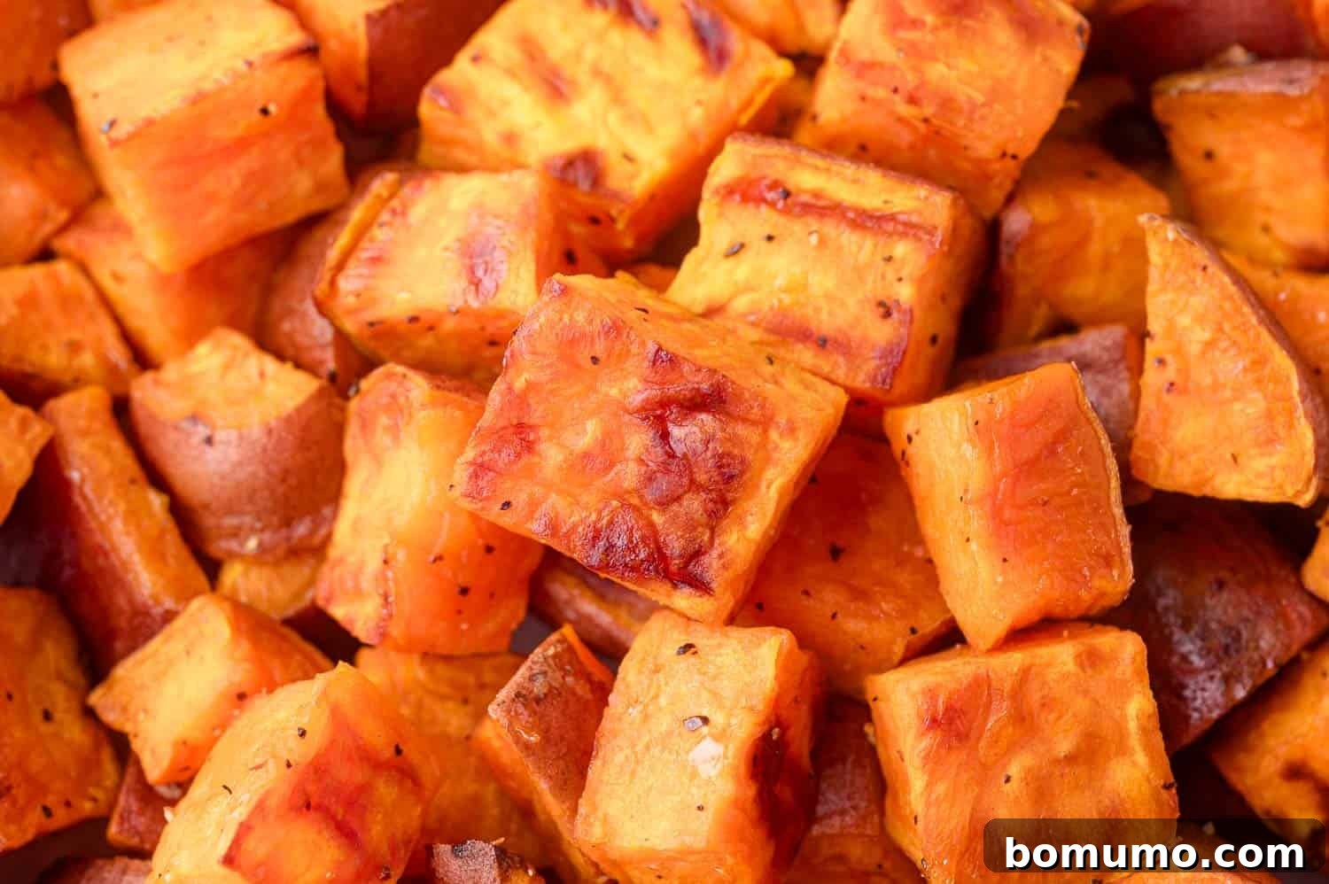 Close-up of roasted sweet potato cubes with a golden brown exterior, lightly seasoned and arranged in a pile, showcasing their crisp edges.