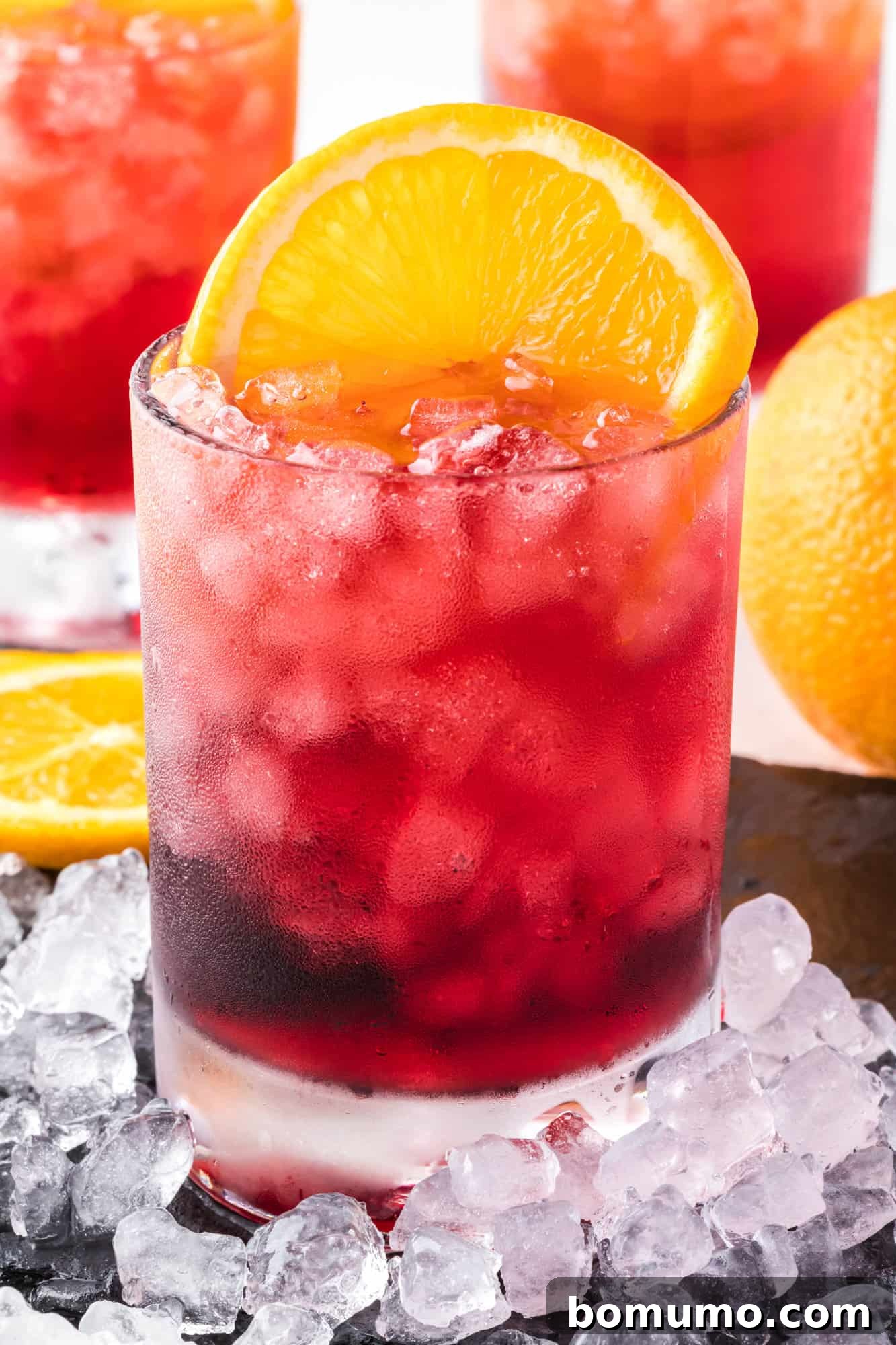 A beautifully presented red wine spritzer, garnished with a vibrant orange slice, capturing its refreshing essence.