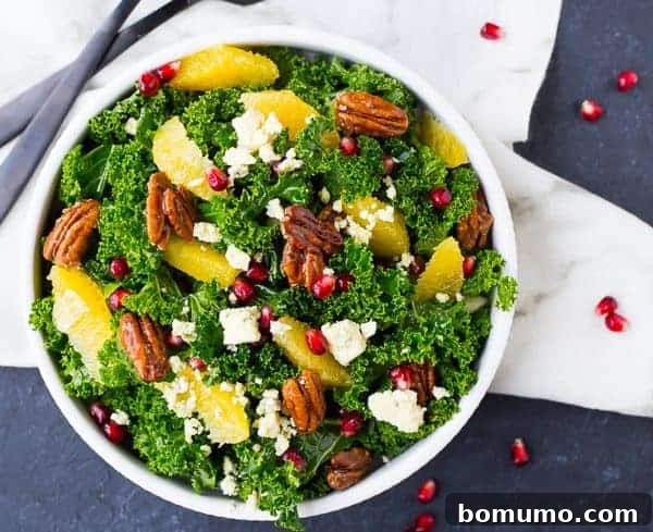 Serving of Christmas Kale Salad with Pomegranate and Blue Cheese