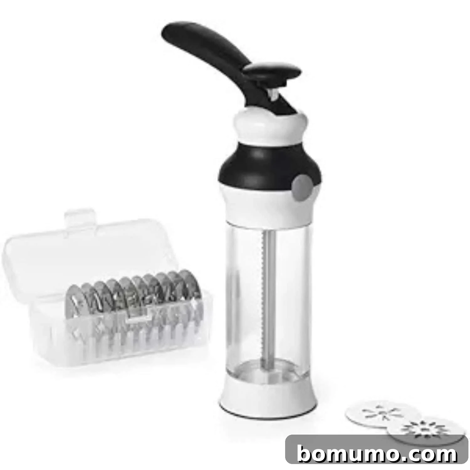 A cookie press with a clear tube, black handle, and a set of metal discs for shaping cookies, an essential tool for holiday baking.