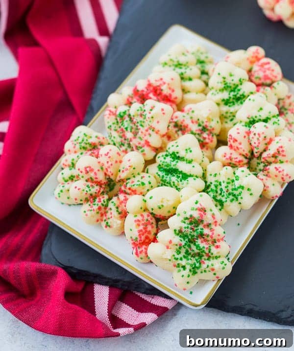 Overhead shot of an assortment of perfectly baked spritz cookies arranged on a rectangular platter, ready for serving.