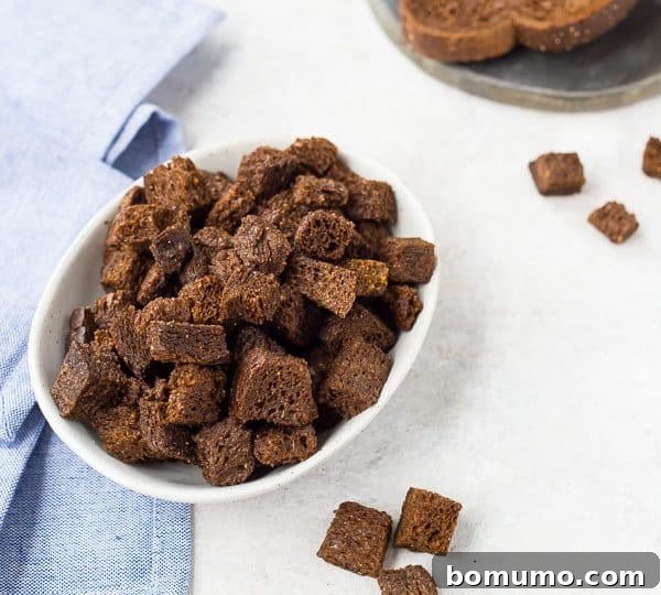 A close-up of golden brown, perfectly seasoned pumpernickel croutons, reminiscent of Ruby Tuesday's classic salad bar, presented beautifully.