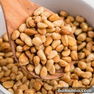 Toasted pine nuts on a wooden spoon, ready for a recipe.