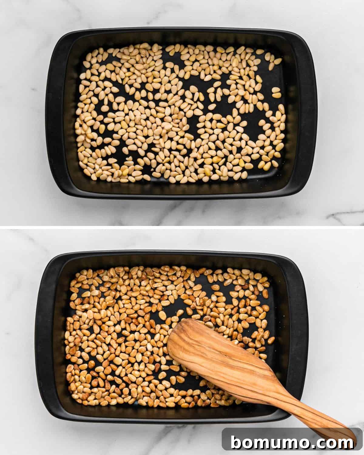 Pine nuts spread evenly on a microwave-safe plate, ready for toasting.