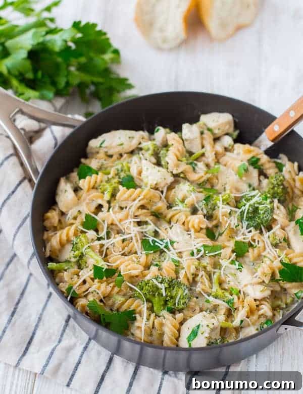 Delicious one-pan easy chicken alfredo with broccoli, ready to serve