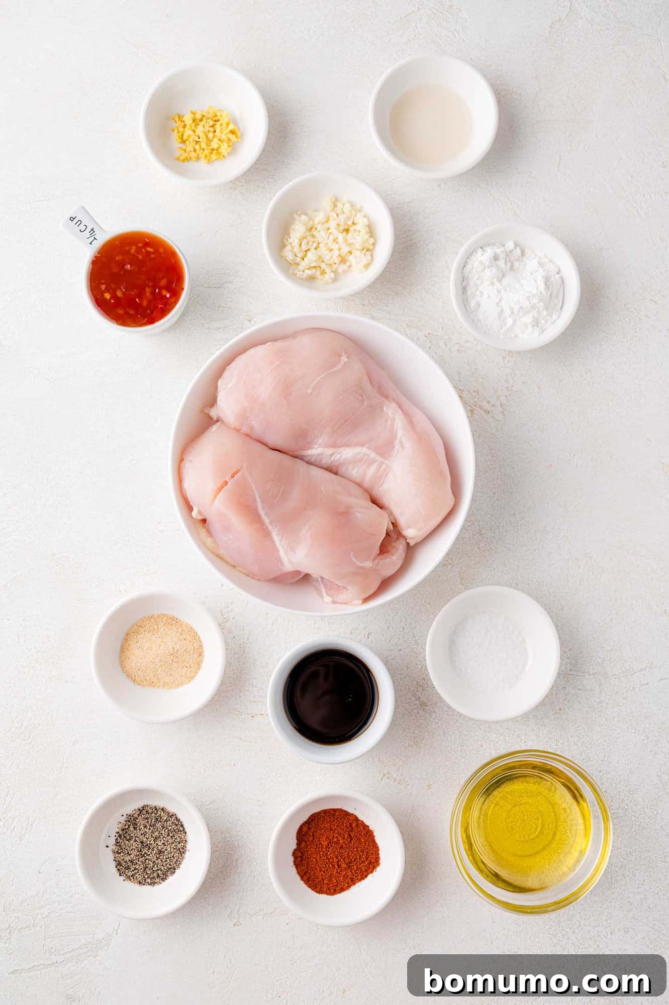 Raw chicken breasts surrounded by small bowls of ingredients including garlic, chili sauce, soy sauce, oil, and spices.