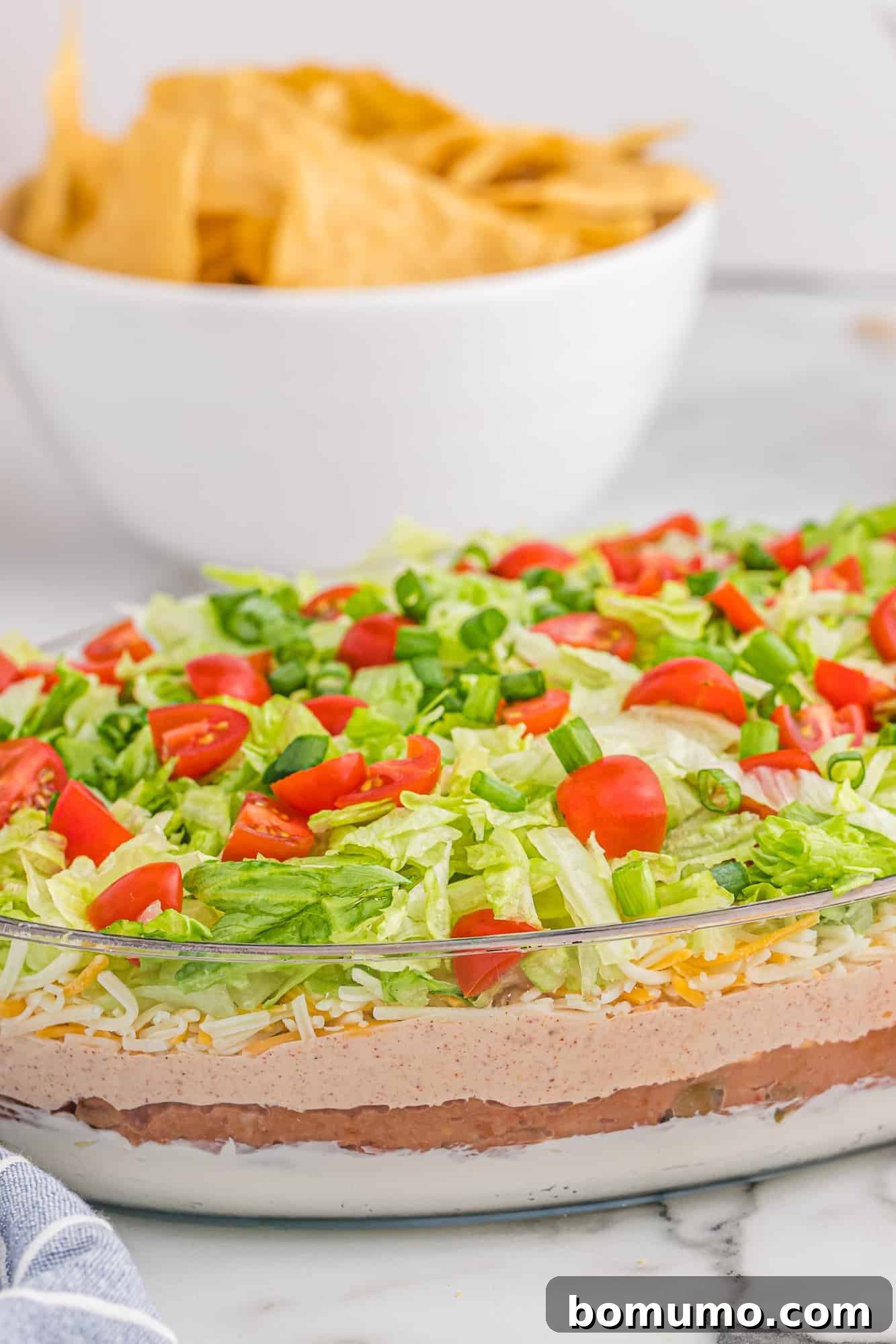 Seven-Layer Fiesta Dip 2 A vibrant 7-layer dip presented in a clear glass pan, with a bowl of tortilla chips blurred in the background, ready for a party.
