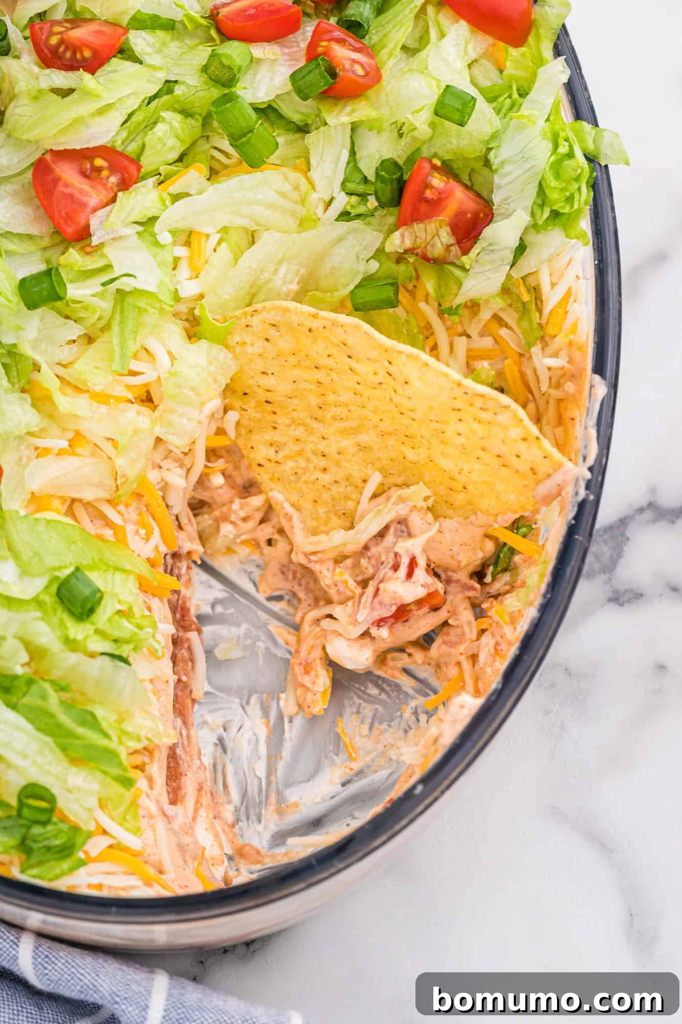 The Best 7 Layer Dip: A Crowd-Pleasing Party Recipe A tortilla chip generously loaded with the delicious 7-layer dip, showcasing its creamy and fresh components.
