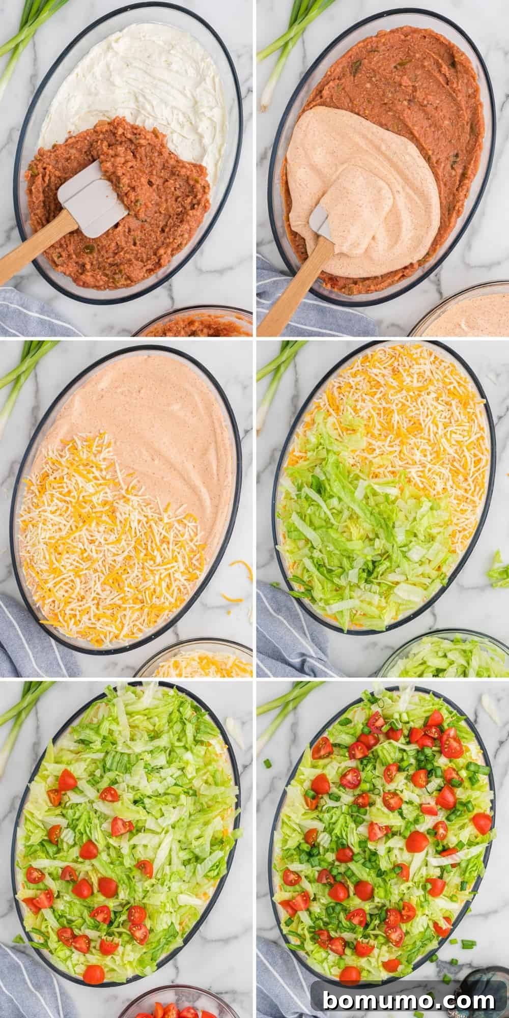 Seven-Layer Fiesta Dip 5 A detailed collage showing each of the 7 layers being carefully assembled in a glass dish, illustrating the step-by-step process of making the dip.
