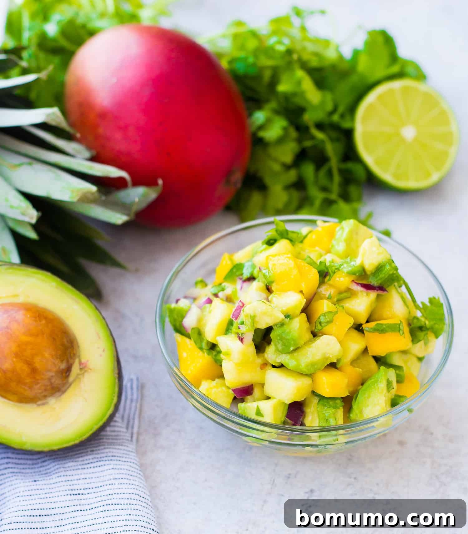 Mango Avocado Pineapple Fiesta 4 An overhead shot of mango avocado salsa, with a whole mango and avocado creatively placed nearby, emphasizing the fresh ingredients.