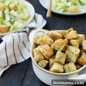 Effortless Homemade Caesar Croutons 7 Caesar Croutons are the crowning jewel on a classic Caesar Salad and once you make this homemade version, you'll find yourself wondering why you ever bought croutons from the store. There is no comparison and they'll quickly take your Caesar Salad game to the next level. Get the recipe on RachelCooks.com!