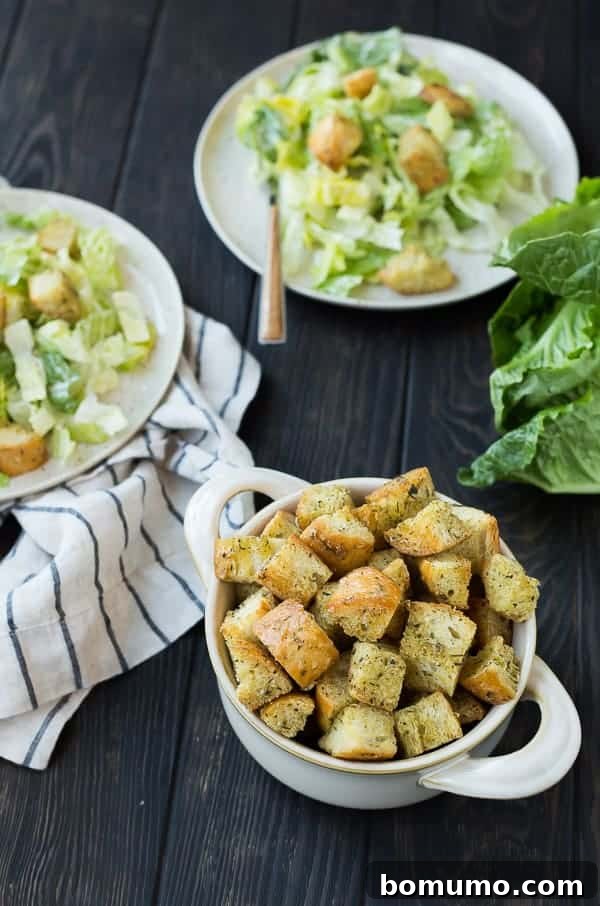 Effortless Homemade Caesar Croutons 2 A beautiful setup featuring a bowl of golden Caesar croutons in the foreground, with two vibrant Caesar salads artfully arranged in the background, showcasing their perfect pairing.