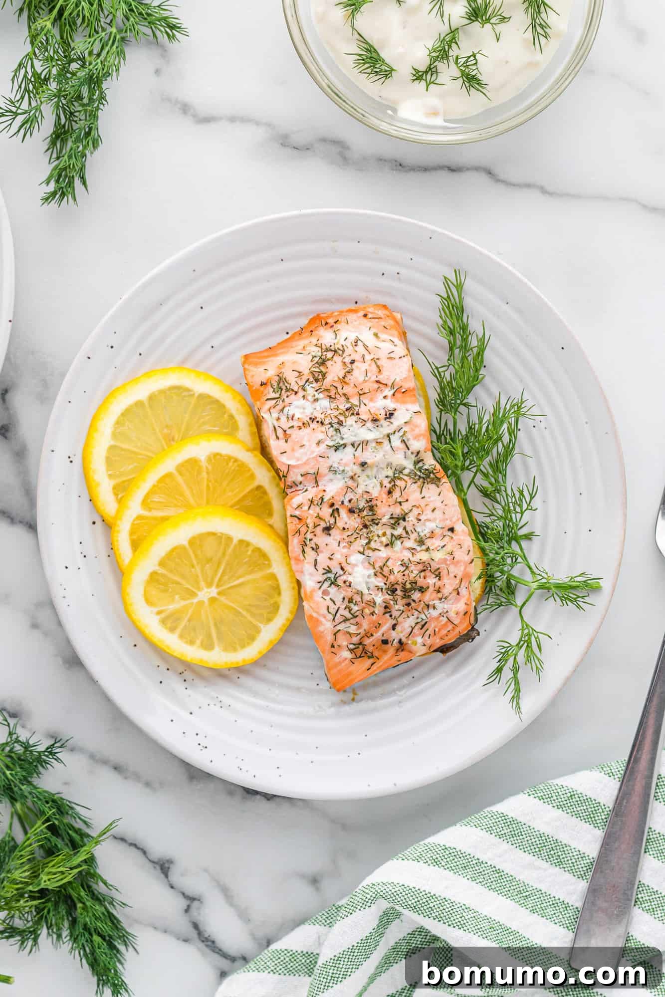 Overhead view of plated salmon with lemon slices and dill sprigs.
