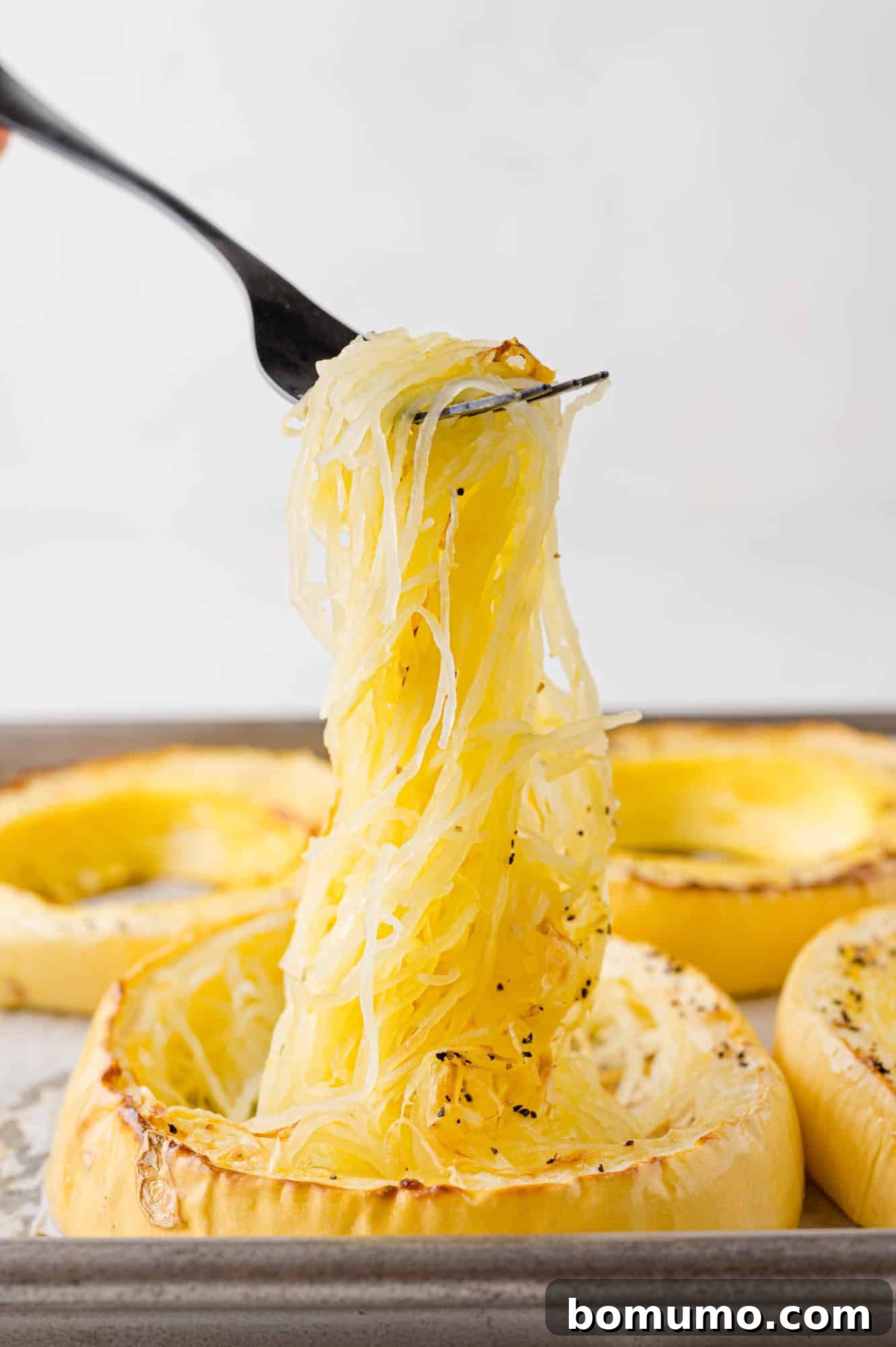 Spaghetti Squash Cooking Made Easy 2 Spaghetti squash being lifted out of a baked squash ring with a fork, showcasing long, perfect strands.