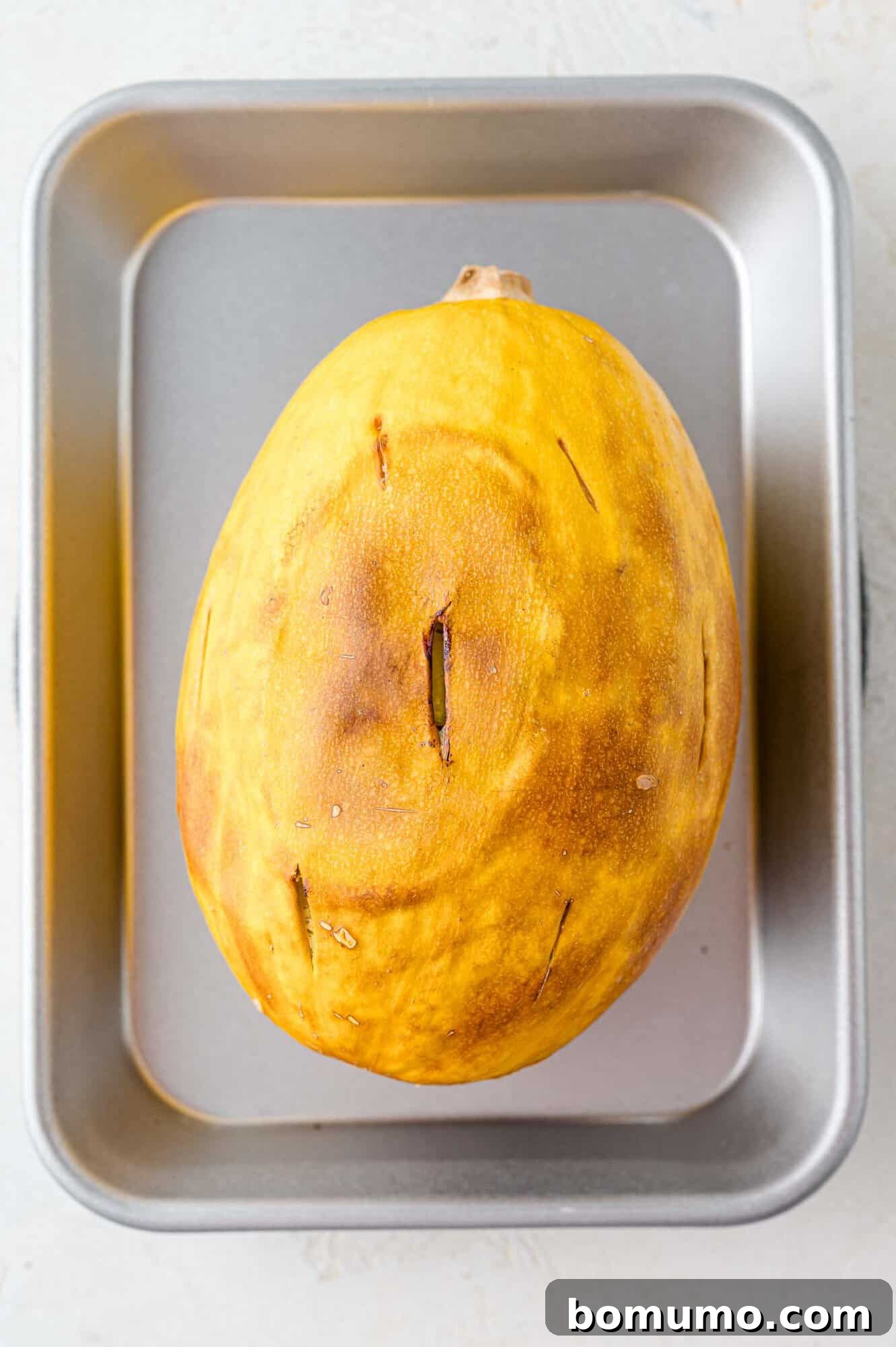 Spaghetti Squash Cooking Made Easy 8 Baked whole spaghetti squash on a sheet pan.