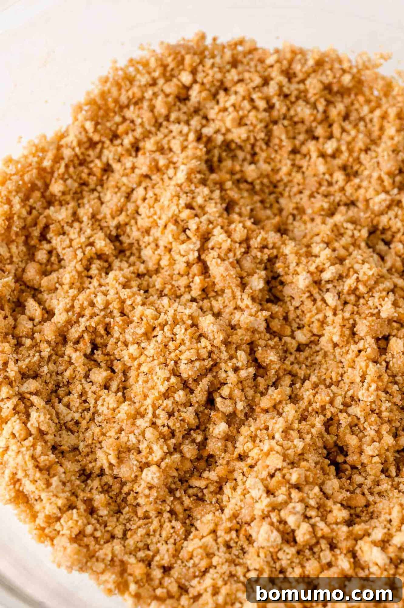 Effortless Mini Cheesecake Delights 6 Close-up of a bowl filled with a coarse crumb mixture, in a glass bowl.