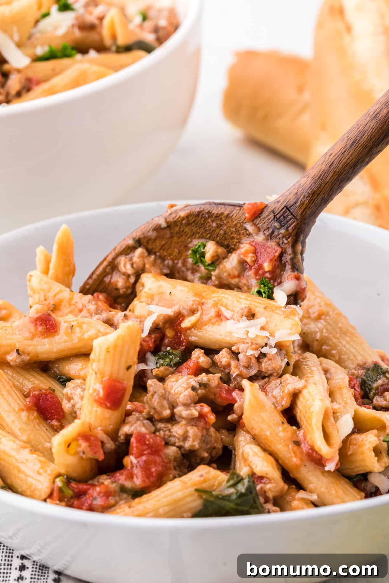 A serving spoon lifting a portion of Instant Pot pasta into a bowl, showcasing the rich, cheesy, and saucy texture.