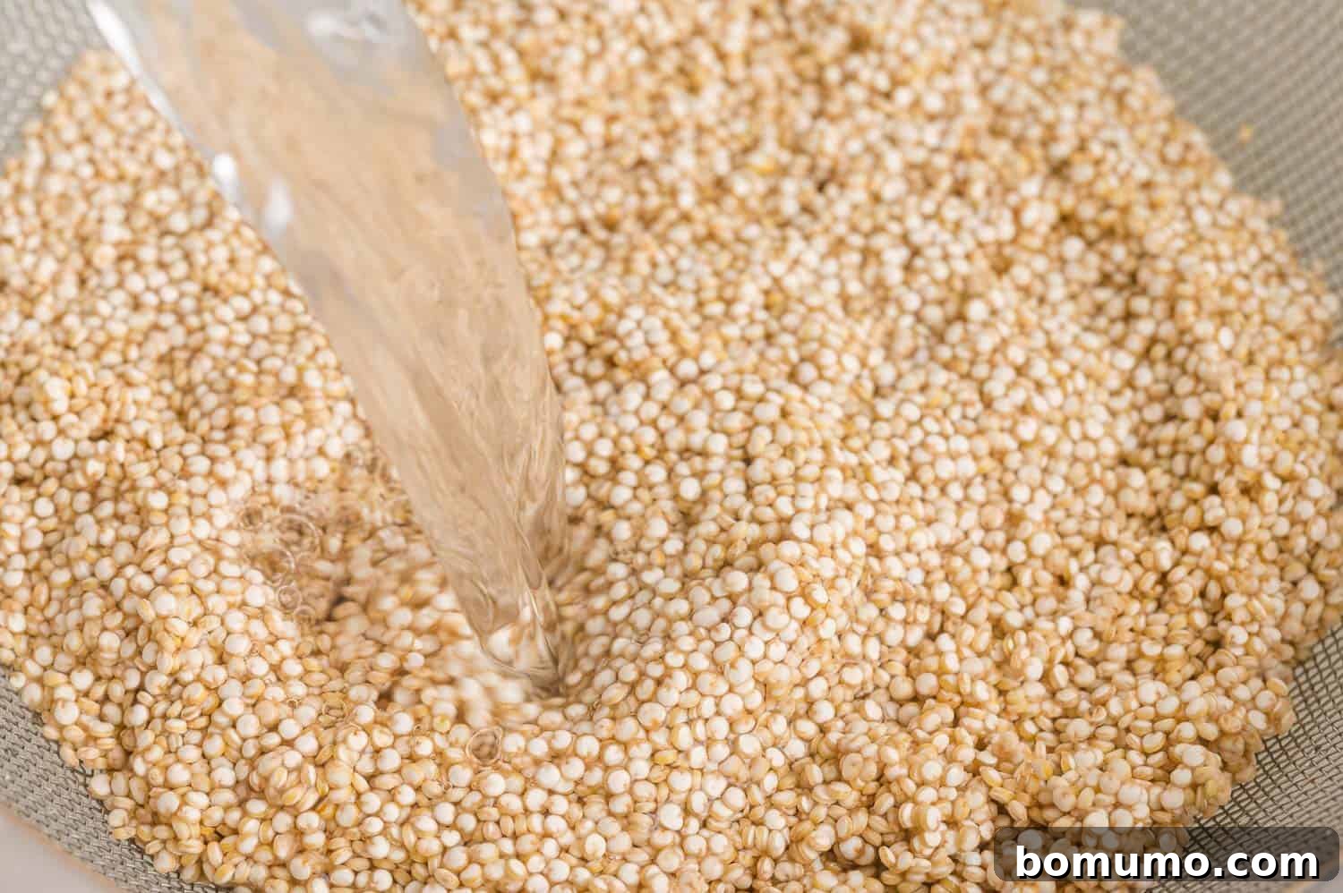 Effortless Instant Pot Quinoa 5 Quinoa being rinsed in a fine mesh strainer under running water.