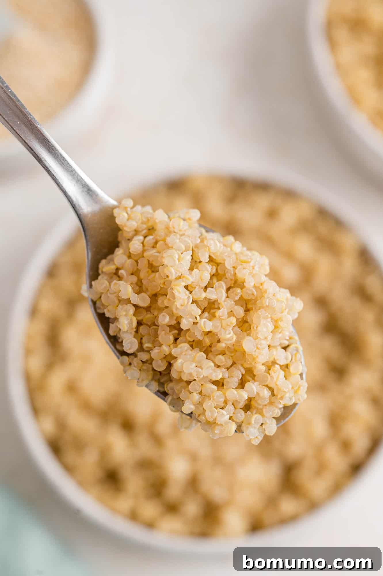 Effortless Instant Pot Quinoa 8 Fluffy, cooked quinoa on a spoon, highlighting its texture.