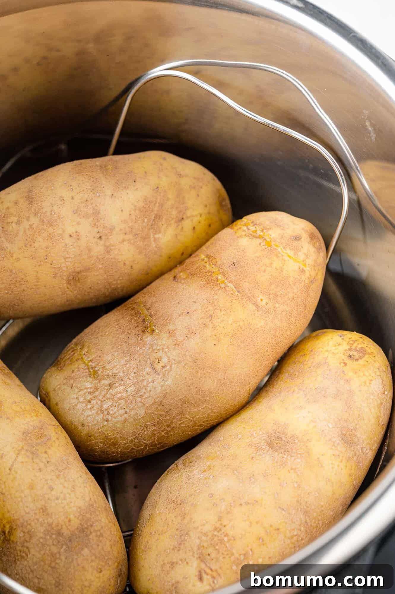 Foolproof Instant Pot Baked Potatoes 6 A cluster of four russet potatoes resting on a metal rack within an Instant Pot, prepared and ready to begin the pressure cooking cycle. The clean setup emphasizes the simplicity of the cooking process.