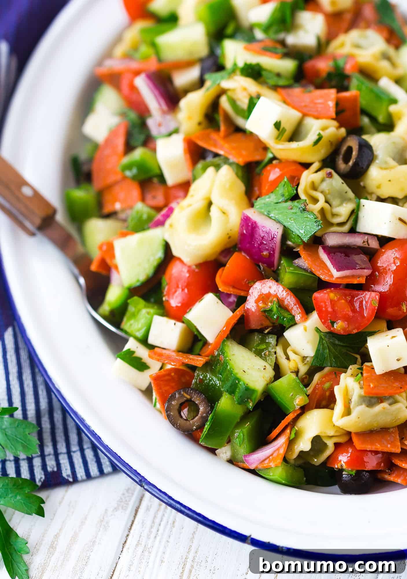 Delicious tortellini pasta salad served on a white plate with a wooden spoon, perfect for summer gatherings