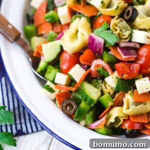 Tortellini pasta salad with pepperoni, olives, onion, cucumber, and more.