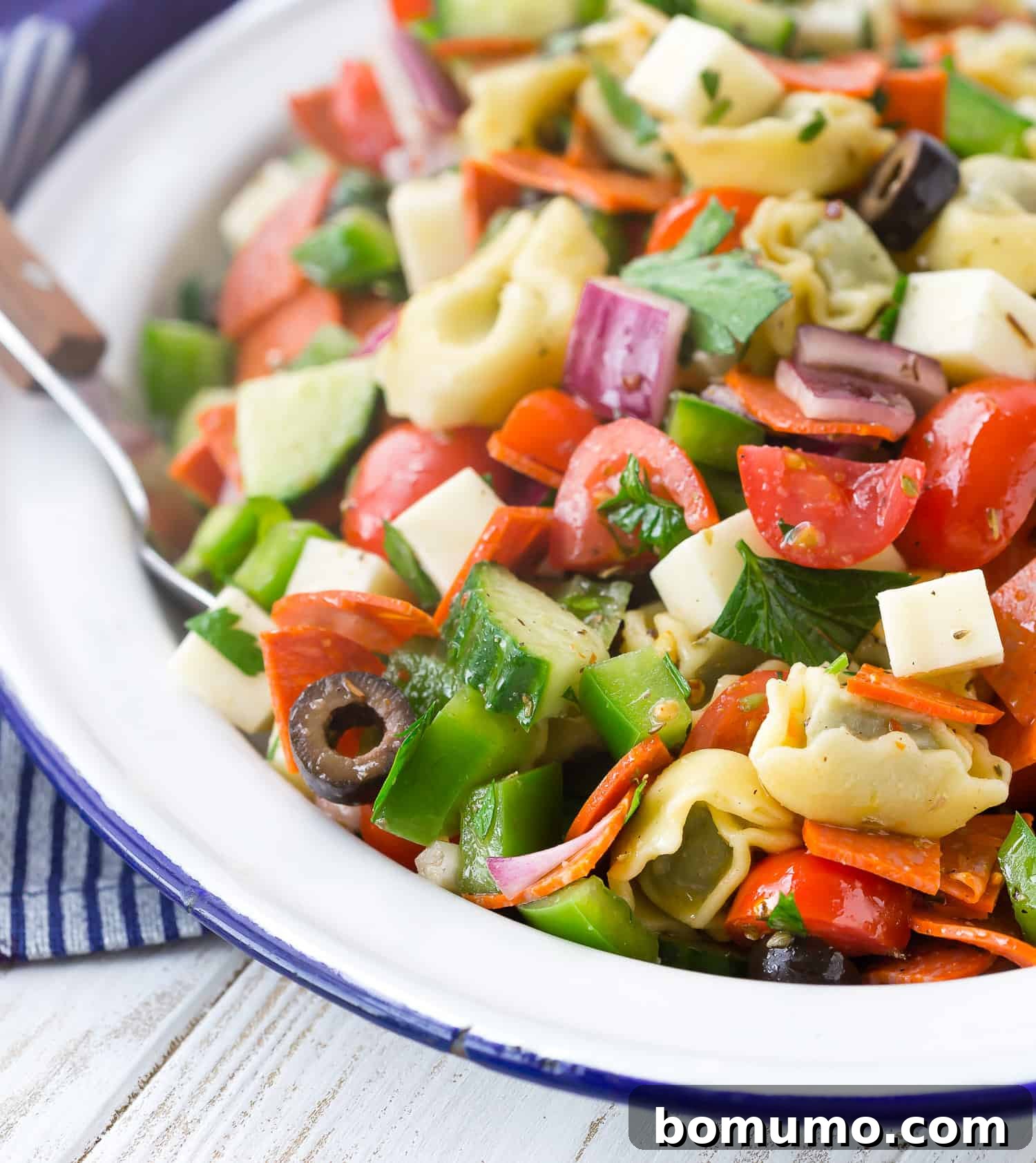 Vibrant pasta salad featuring tortellini, spicy pepperoni, fresh vegetables, and savory cheese