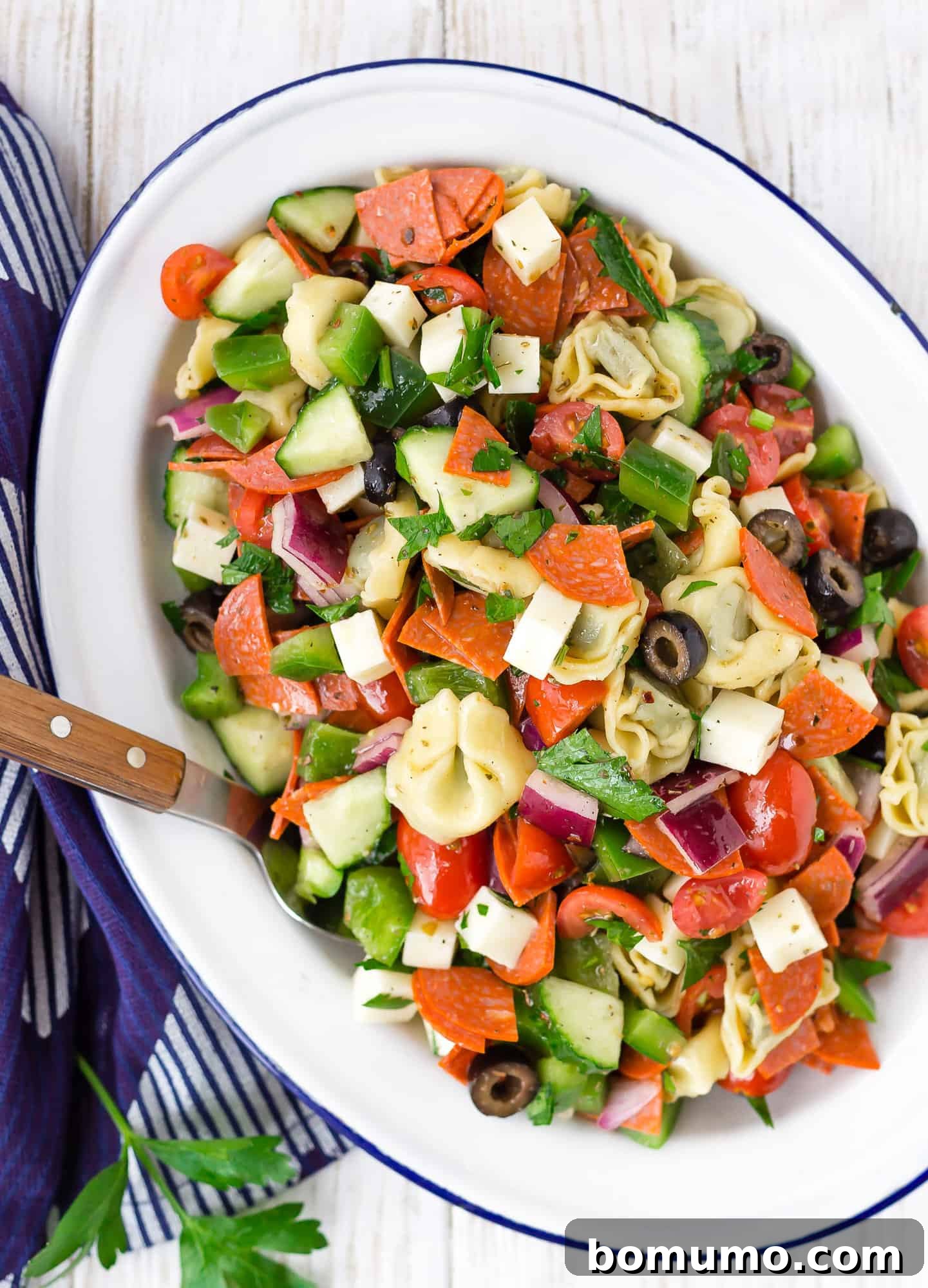 Overhead perspective of a richly colored tortellini pasta salad featuring cheese, pepperoni, and a variety of fresh vegetables