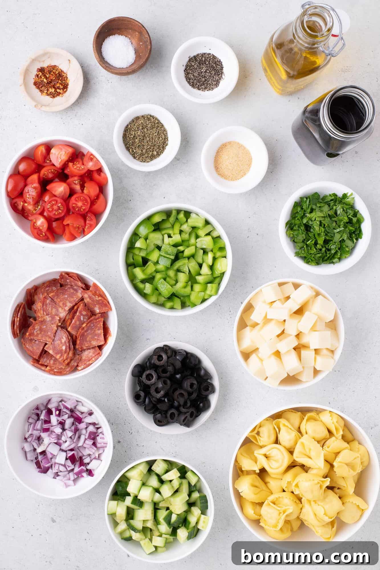 A vibrant collection of ingredients for tortellini pasta salad, including uncooked tortellini, cubed mozzarella, sliced black olives, green bell peppers, cherry tomatoes, diced cucumber, red onion, pepperoni, and various seasonings, all arranged on a wooden table.