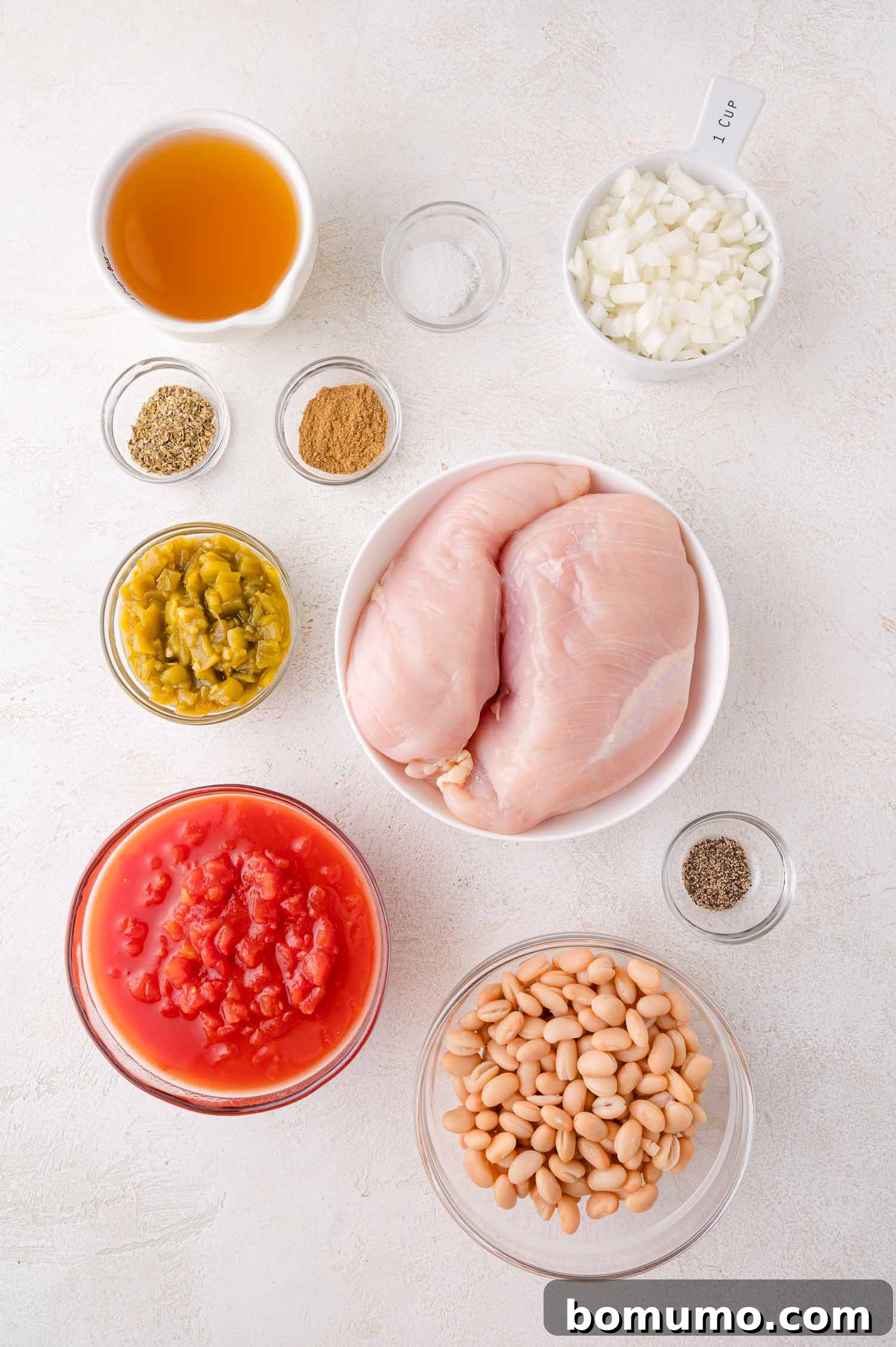 An overhead view showcasing all the fresh and canned ingredients meticulously gathered for the crockpot white chicken chili: raw boneless skinless chicken breasts, bright diced tomatoes, creamy white beans, fragrant chopped onions, mild diced green chiles, rich chicken broth, and small bowls holding aromatic spices. All are arranged neatly on a light-colored surface, ready for preparation.
