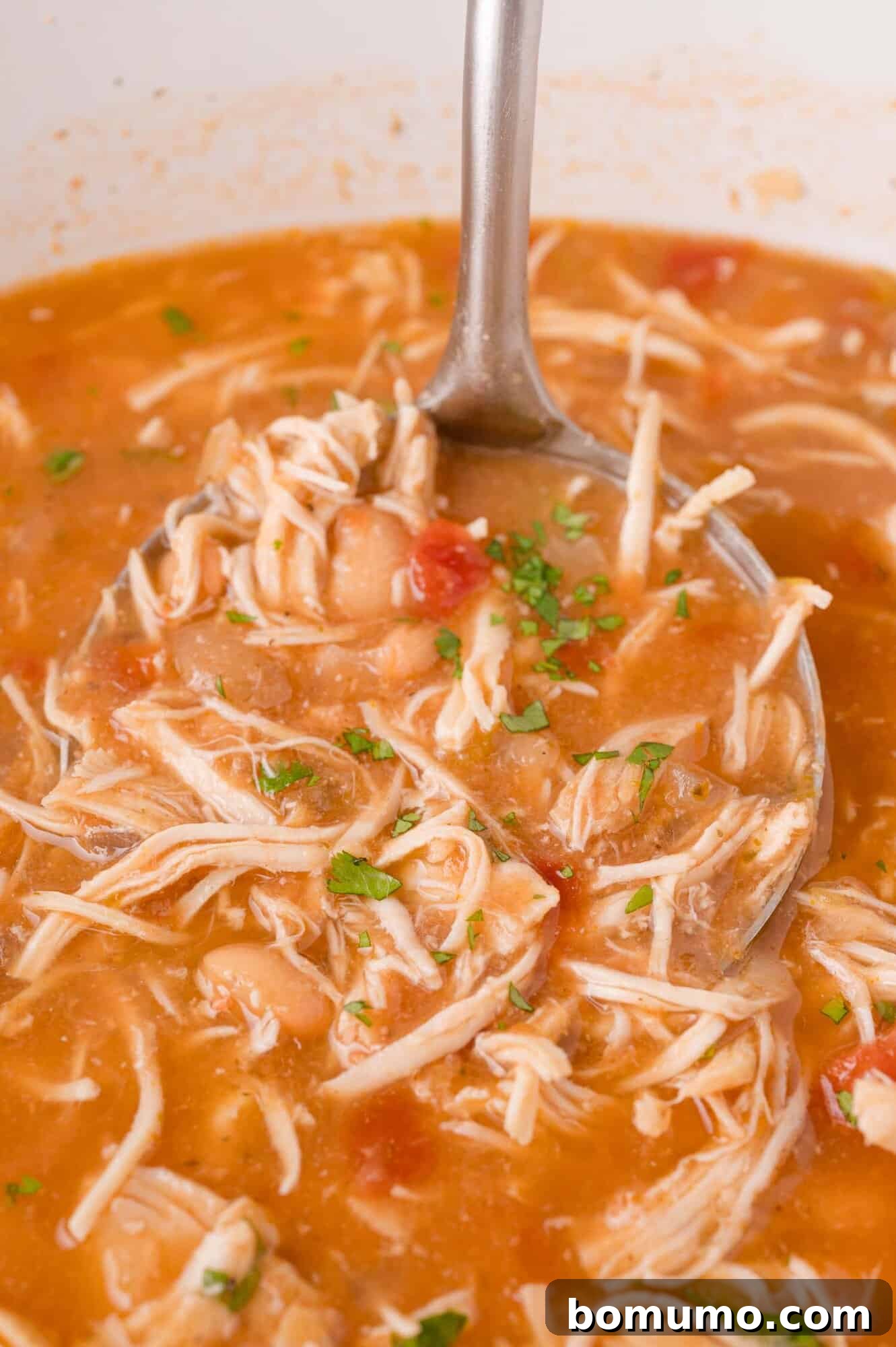 A glistening ladle carefully scoops a generous portion of white chicken chili, showcasing its hearty consistency and rich, flavorful ingredients, ready to be served into a bowl.