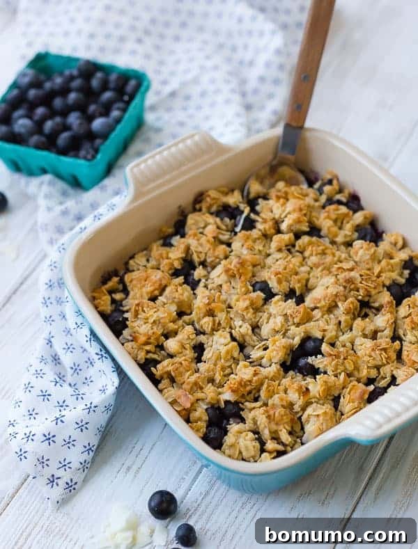 Blueberry Coconut Delight 2 Delicious blueberry crisp in a blue dish