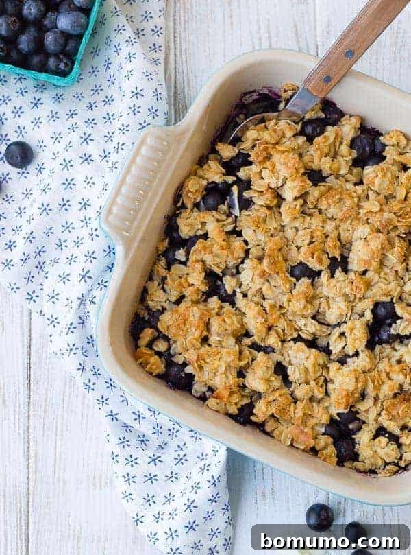 Blueberry Coconut Delight 4 Blueberry crisp in a baking dish with a spoon inserted.
