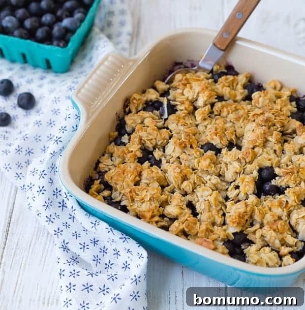 Blueberry Coconut Delight 7 Blue ceramic square baking dish with crisp and spoon inserted.