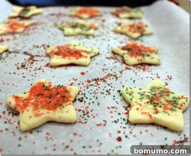 Front view of cut out sugar cookies in star shape with red and green colored sugar on parchment lined cookie sheet, ready for baking.