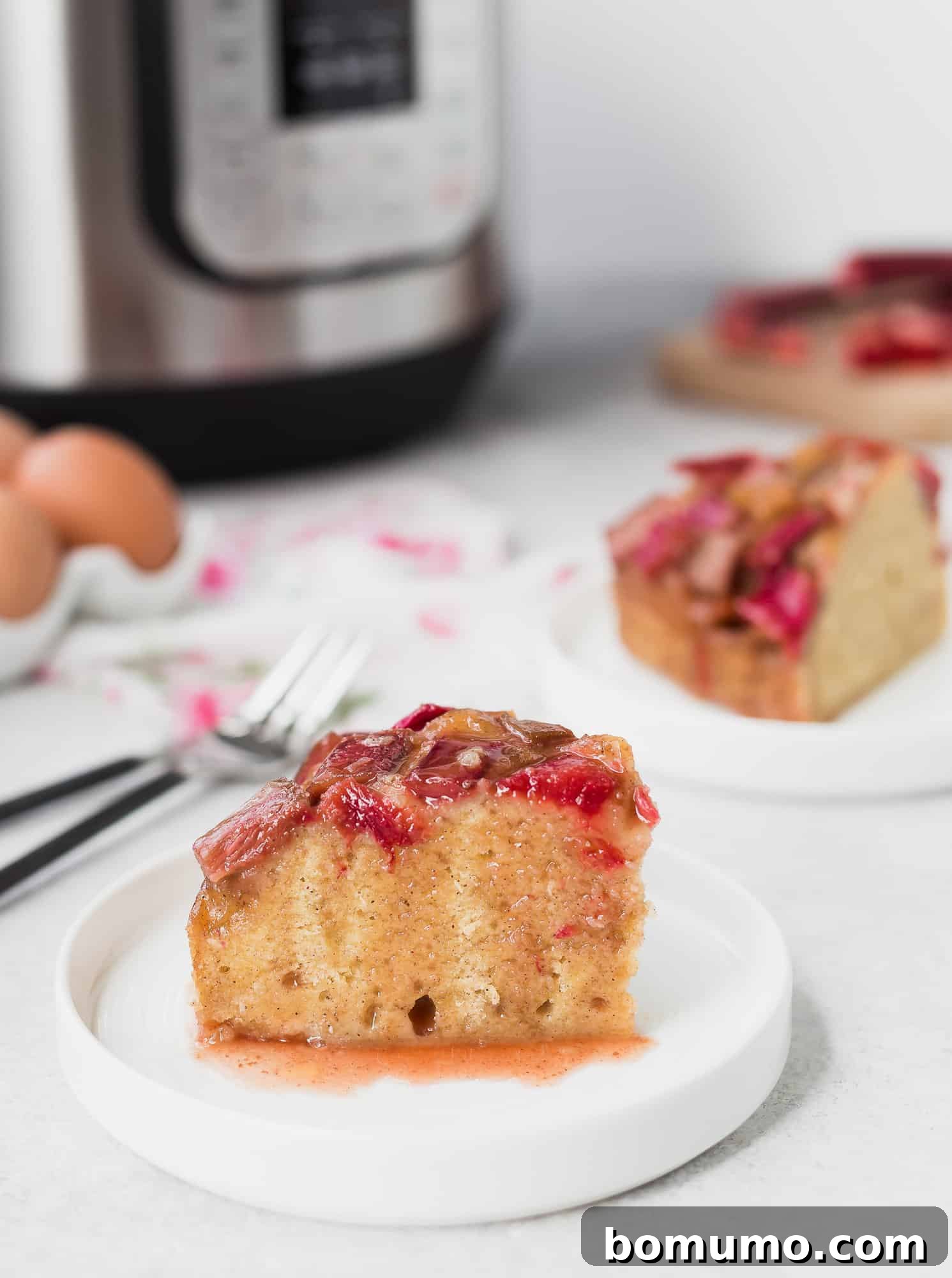 A perfectly sliced Rhubarb Instant Pot Cake, rich with fruit, next to a matching cake and an Instant Pot, inviting a delightful dessert experience.