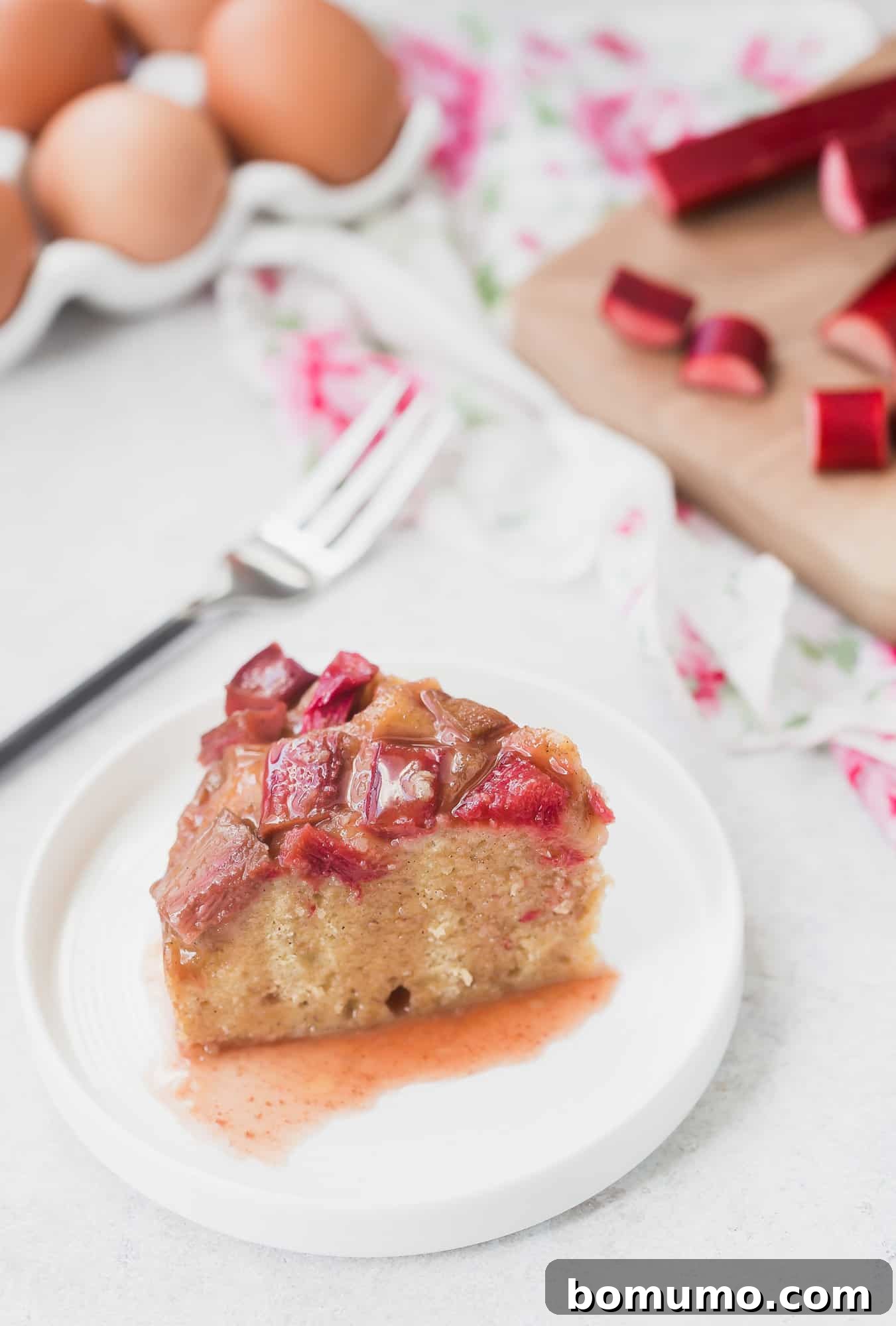 A single slice of moist Rhubarb Instant Pot Cake, garnished and ready to be enjoyed, with fresh rhubarb stalks artfully blurred in the background, emphasizing the cake's delicious origins.