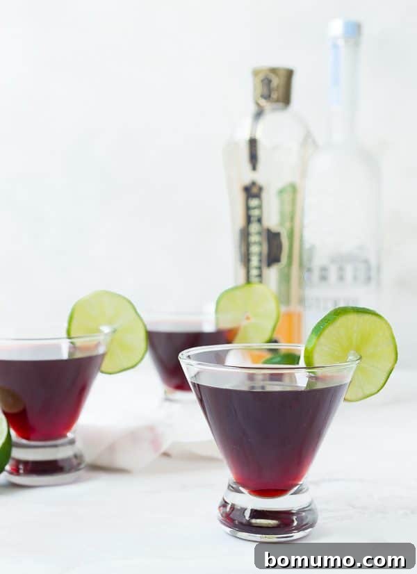 Crimson Bloom Martini 4 Front view of cherry martinis, with vodka and elderflower liqueur bottles in the background. Highlighting the key ingredients.