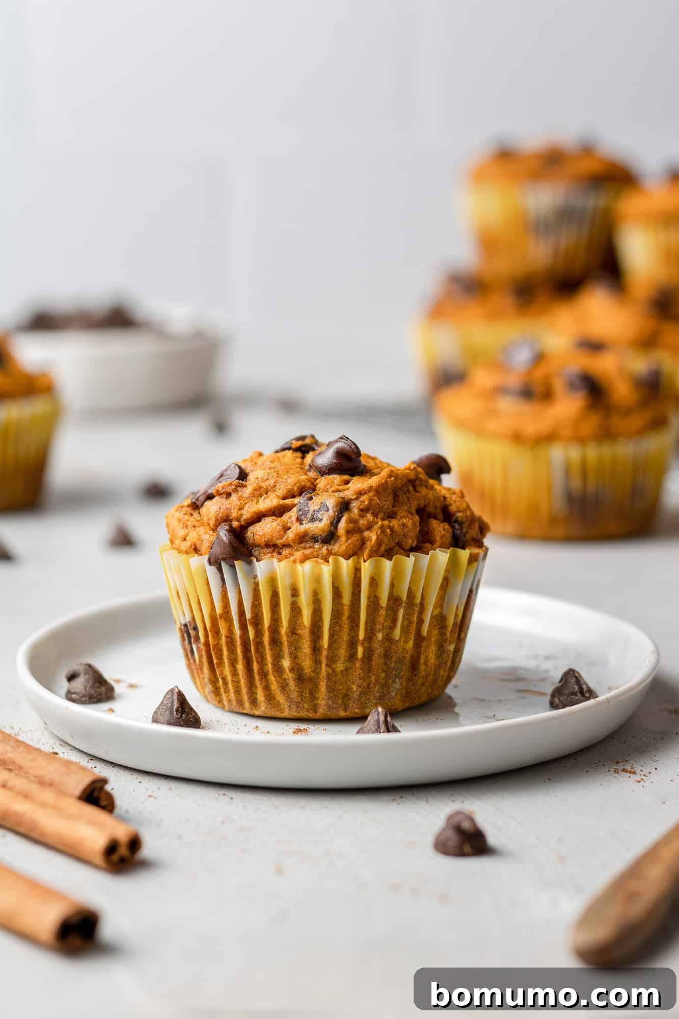 One warm healthy pumpkin chocolate chip muffin on a small white plate, with a basket of more muffins in the blurred background.